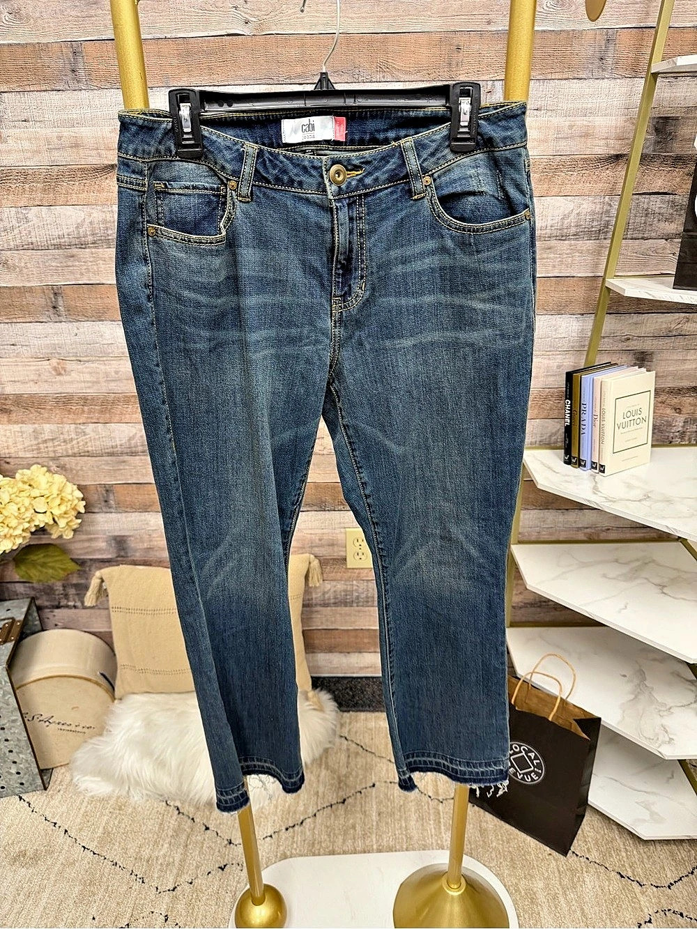 Cabi Jeans Kick It Crop Blue Jeans with Frayed Hem
